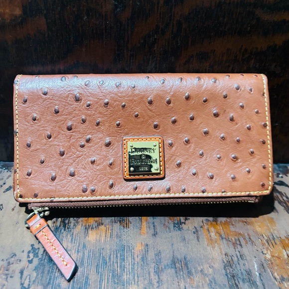Dooney & Bourke Handbags - Dooney & Bourke Tan Ostrich-Embossed Continental Wallet with Gold Plaque